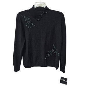 Erika Button Turtleneck Sweater Size Large Embroidered Beaded Classic Office